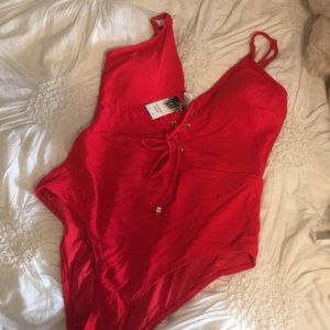 Red lace up one price swim suit